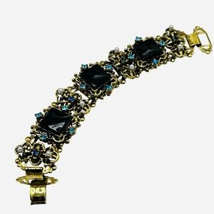 Vintage Black Glass Faux Pearl Blue Rhinestone Book Chain Bracelet